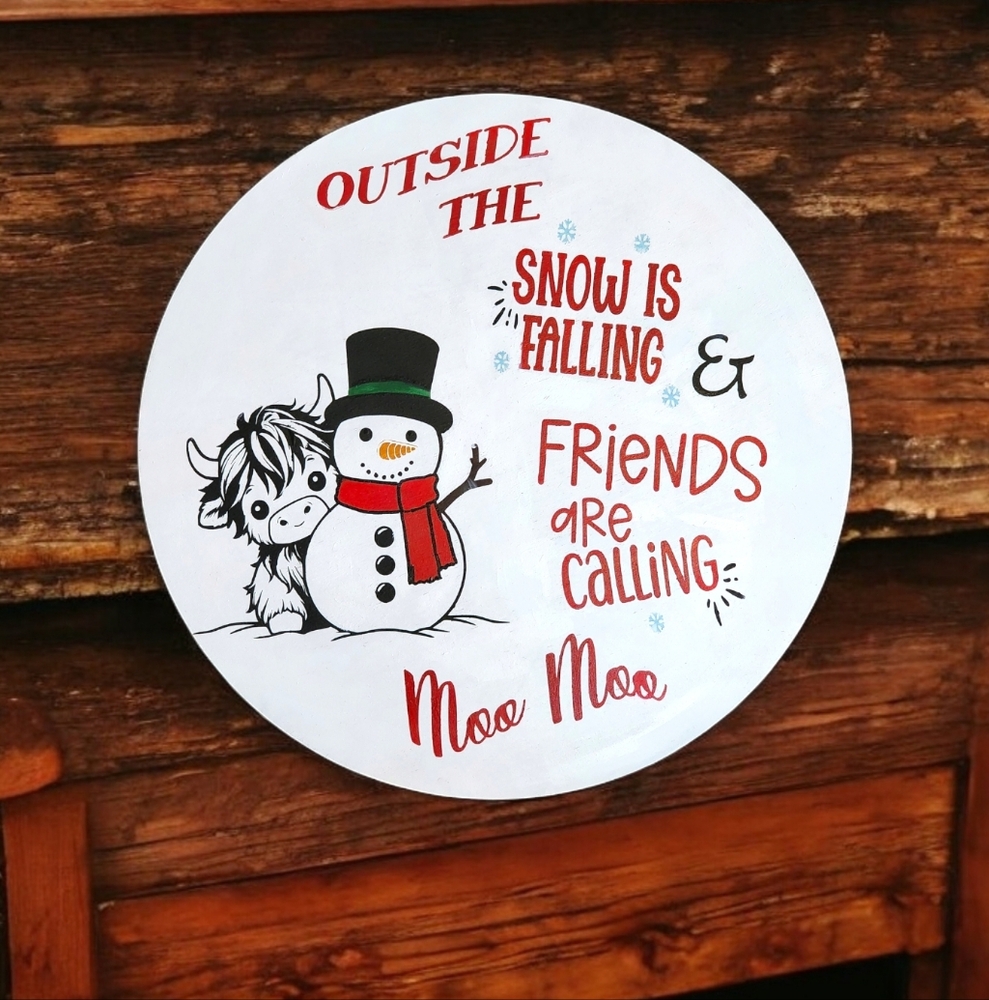 Hand painted Winter Sign Highland Cow & Snowman